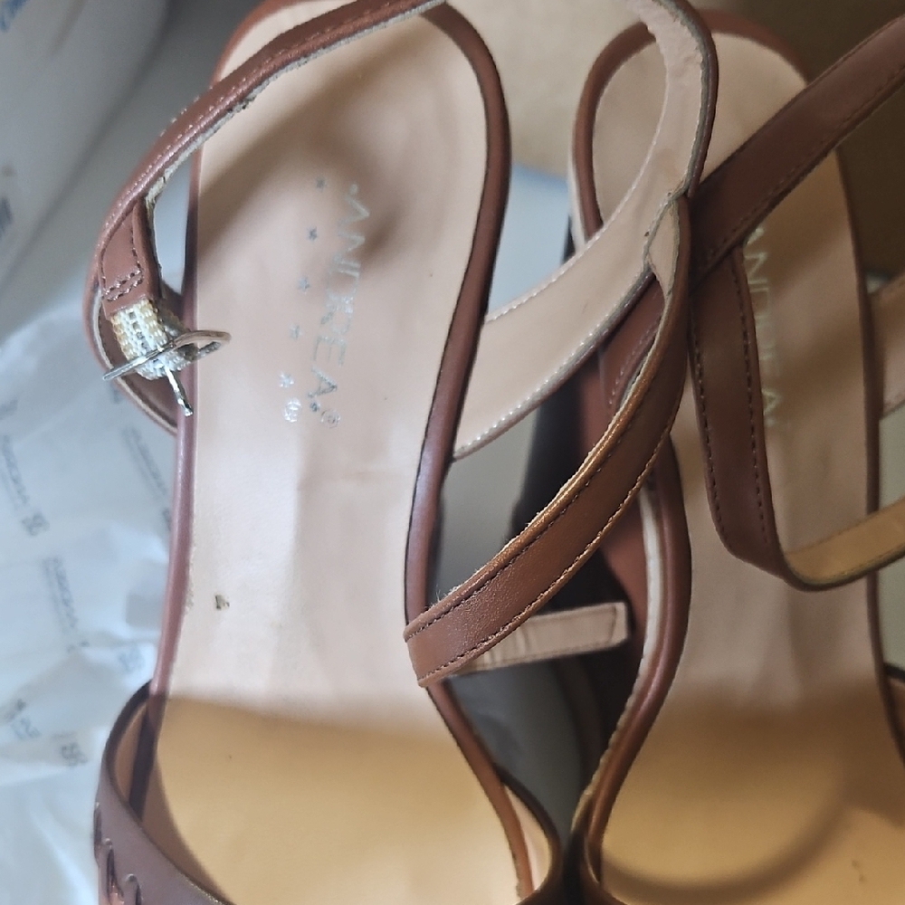 ANDREA FENZI Tan Leather Wedge Sandals - Picture 3 of 9